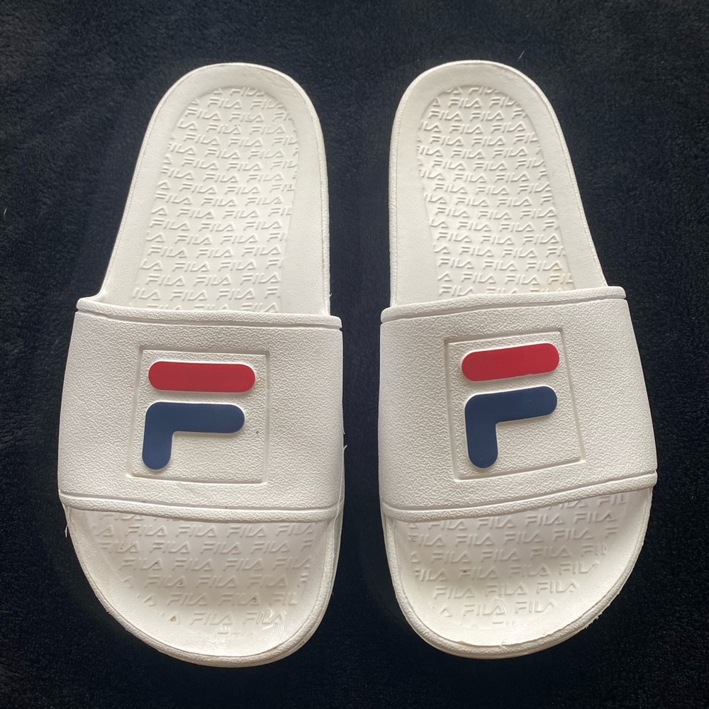 Fila White Slides with Red and Blue Logo